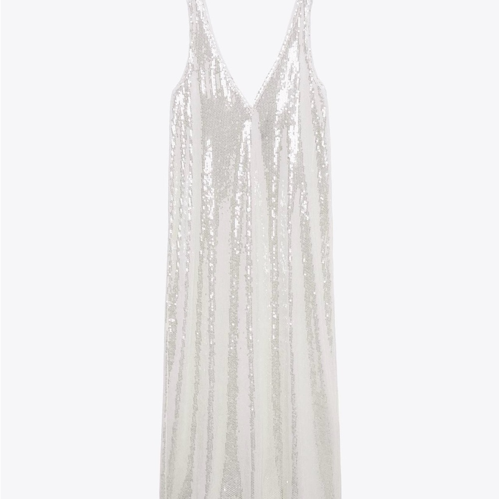 Zara White Sequin V-Neck Dress